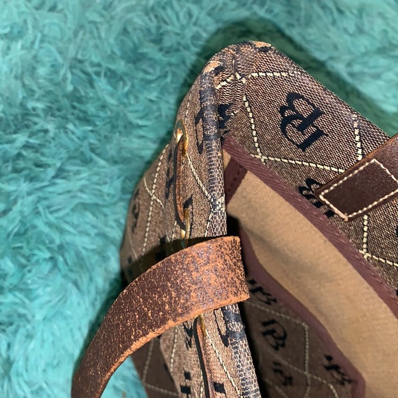 Dooney & Bourke Monogram Tassel Dark Brown Canvas Bucket Bag - Picture 7 of 13